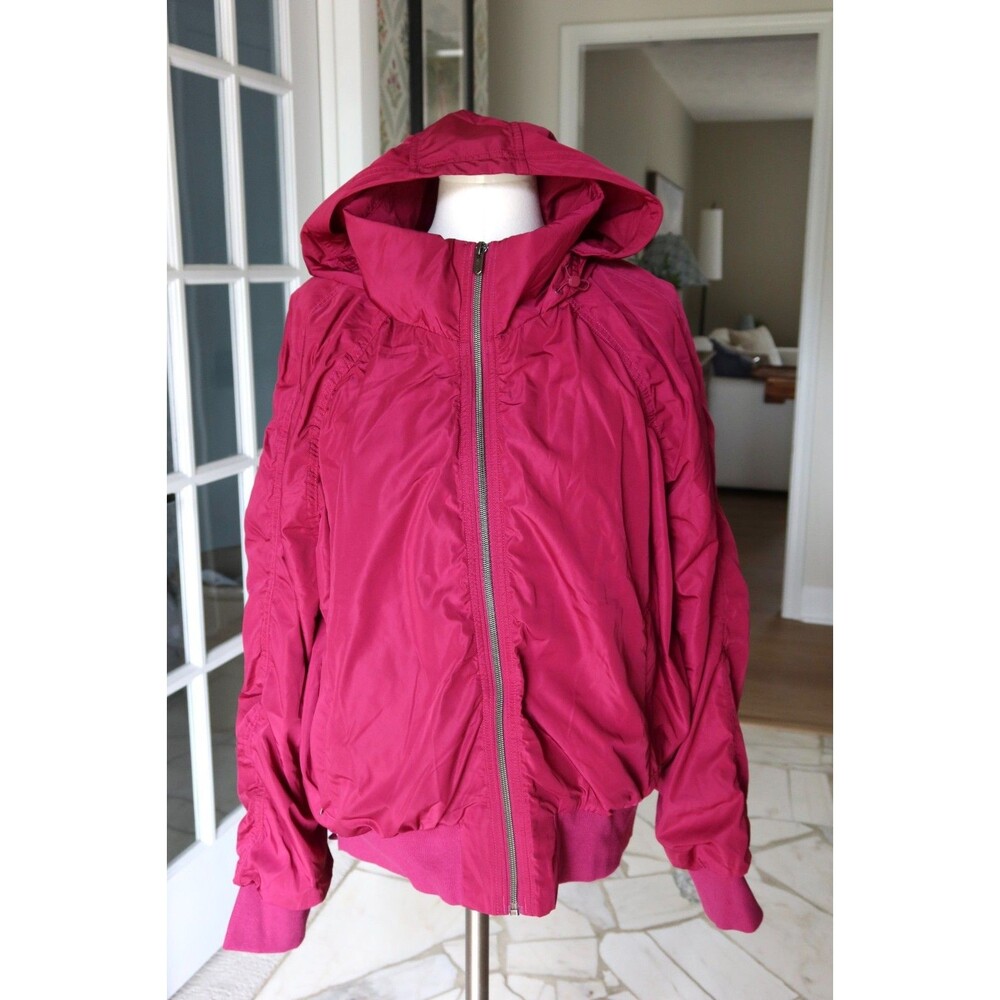 Athleta Jetset Burgundy Women Bomber Jacket Hooded Side Zipper Size XL Tall